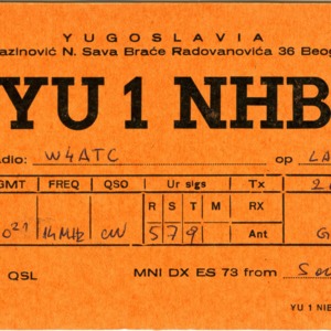 QSL Card from YU1NHB, Beograd, Yugoslavia, to W4ATC, NC State Student Amateur Radio