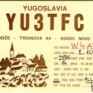 QSL Card from YU3TFC, Novo Mesto, Yugoslavia, to W4ATC, NC State Student Amateur Radio
