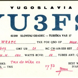 QSL Card from YU3FS, Turiska vas, Yugoslavia, to W4ATC, NC State Student Amateur Radio