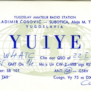 QSL Card from YU1YE, Subotica, Yugoslavia, to W4ATC, NC State Student Amateur Radio