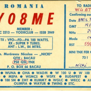 QSL Card from YO8ME, Bacau, Romania, to W4ATC, NC State Student Amateur Radio