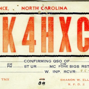 QSL Card from K4HXC, Advance, N.C., to W4ATC, NC State Student Amateur Radio