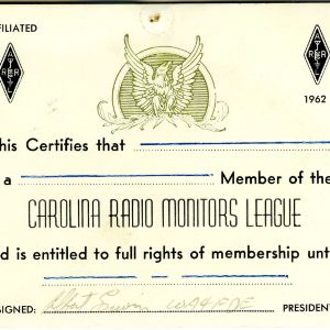 Sample Carolina Radio Monitors League Membership Card for W4ATC, NC State Student Amateur Radio