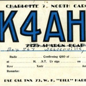 QSL Card from W4AHK, Weaverville, N.C., to W4ATC, NC State Student Amateur Radio