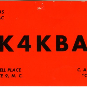 QSL Card from K4KBA, Carlotte, N.C., to W4ATC, NC State Student Amateur Radio