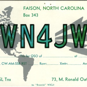 QSL Card from WN4JWT, Faison, N.C., to W4ATC, NC State Student Amateur Radio