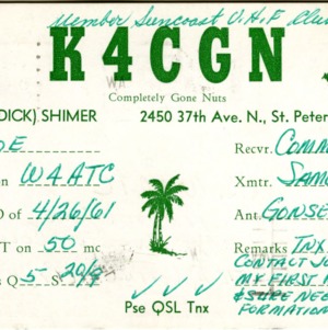 QSL Card from K4CGN, St. Petersburg, Fla., to W4ATC, NC State Student Amateur Radio