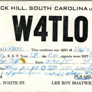 QSL Card from W4TLO, Rock Hill, S.C., to W4ATC, NC State Student Amateur Radio