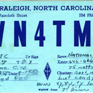 QSL Card from WN4TMJ, Raleigh, N.C., to W4ATC, NC State Student Amateur Radio