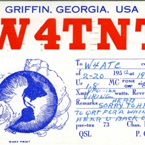 QSL Card from W4TNT, Griffin, Ga., to W4ATC, NC State Student Amateur Radio