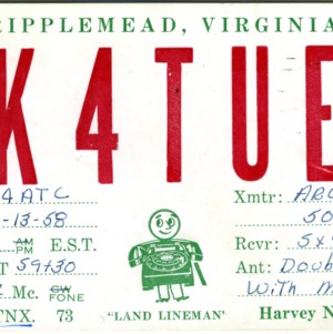 QSL Card from K4TUE, Ripplemead, Va., to W4ATC, NC State Student Amateur Radio