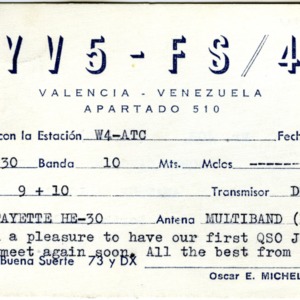 QSL Card from YV5-FS/4, Valencia, Venezuela, to W4ATC, NC State Student Amateur Radio