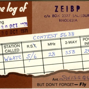 QSL Card from ZE1BP, Salisbury, Rhodesia, to W4ATC, NC State Student Amateur Radio