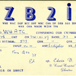 QSL Card from ZB2I, Gibraltar, to W4ATC, NC State Student Amateur Radio