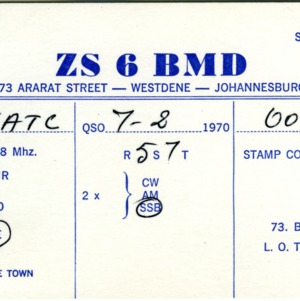 QSL Card from ZS6BMD, Johannesburg, South Africa, to W4ATC, NC State Student Amateur Radio