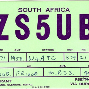 QSL Card from ZS5UB, Glencoe, South Africa, to W4ATC, NC State Student Amateur Radio