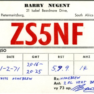 QSL Card from ZS5NF, Pietermaritzburg, South Africa, to W4ATC, NC State Student Amateur Radio