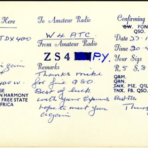 QSL Card from ZS4PY, Glen Harmony, South Africa, to W4ATC, NC State Student Amateur Radio