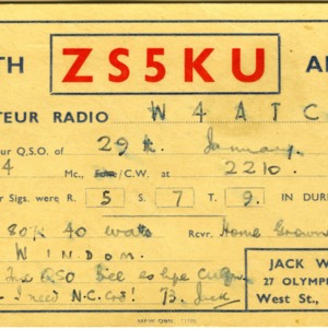 QSL Card from ZS5KU, Durban, South Africa, to W4ATC, NC State Student Amateur Radio