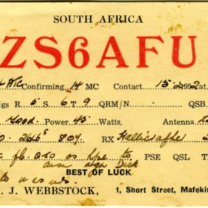 QSL Card from ZS6AFU, Mafeking, South Africa, to W4ATC, NC State Student Amateur Radio