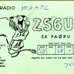 QSL Card from ZS6UR, Parkhurst, South Africa, to W4ATC, NC State Student Amateur Radio