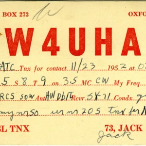QSL Card from W4UHA, Oxford, Ala., to W4ATC, NC State Student Amateur Radio