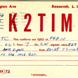 QSL Card from K2TIM, Roosevelt, N.Y., to W4ATC, NC State Student Amateur Radio