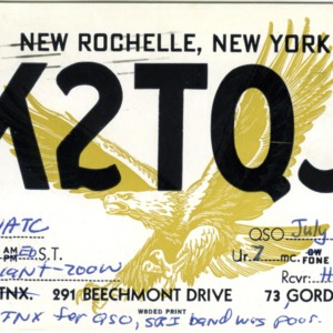 QSL Card from K2TQJ, New Rochell, N.Y., to W4ATC, NC State Student Amateur Radio