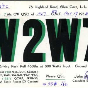 QSL Card from W2WZ, Glen Cove, N.Y., to W4ATC, NC State Student Amateur Radio