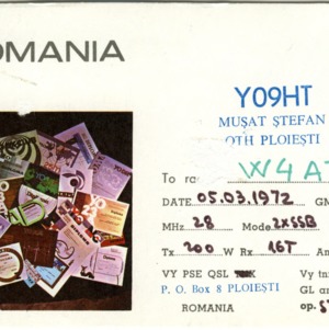 QSL Card from YO9HT, Ploiesti, Poland, to W4ATC, NC State Student Amateur Radio