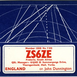 QSL Card from ZS6ZE, Thorngumbald, England, to W4ATC, NC State Student Amateur Radio