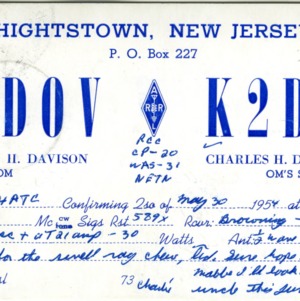 QSL Card from K2DOV/K2DPS, Hightstown, N.J., to W4ATC, NC State Student Amateur Radio