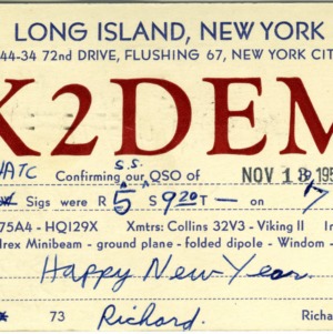 QSL Card from K2DEM, Flushing, N.Y., to W4ATC, NC State Student Amateur Radio