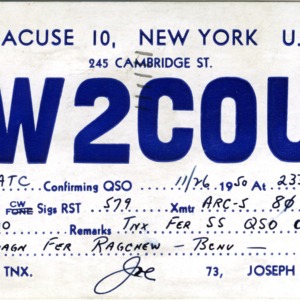 QSL Card from W2COU, Syracuse, N.Y., to W4ATC, NC State Student Amateur Radio