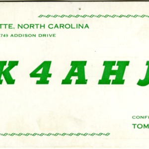 QSL Card from K4AHJ, Charlotte, N.C., to W4ATC, NC State Student Amateur Radio