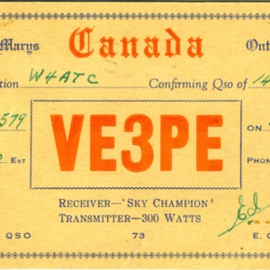QSL Card from VE3PE, St. Marys, Canada, to W4ATC, NC State Student Amateur Radio