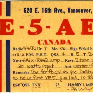 QSL Card from VE5AER, Vancouver, Canada, to W4ATC, NC State Student Amateur Radio