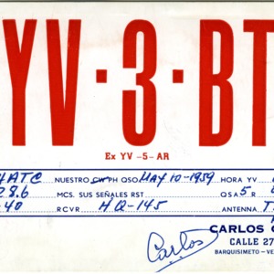 QSL Card from YV3BT, Barquisimeto, Venezuela, to W4ATC, NC State Student Amateur Radio