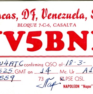 QSL Card from YV5BNR, Caracas, Venezuela, to W4ATC, NC State Student Amateur Radio