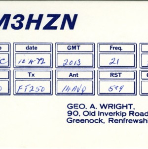 QSL Card from GM3HZN, Greenock, Scotland, to W4ATC, NC State Student Amateur Radio