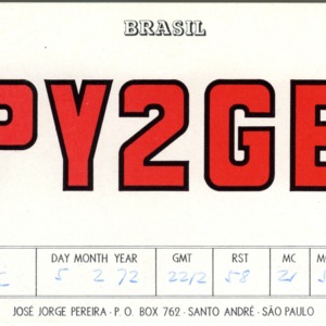 QSL Card from PY2GE, Santo Andre, Brazil, to W4ATC, NC State Student Amateur Radio