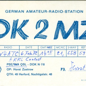 QSL Card from DK2MZ, Herford, Germany, to W4ATC, NC State Student Amateur Radio