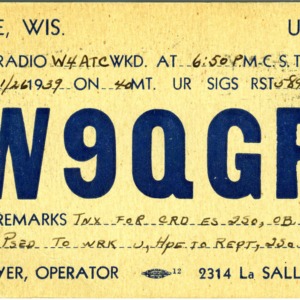 QSL Card from W9QGR, Racine, Wis., to W4ATC, NC State Student Amateur Radio
