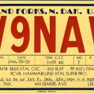 QSL Card from W9NAW, Grand Forks, N.D., to W4ATC, NC State Student Amateur Radio