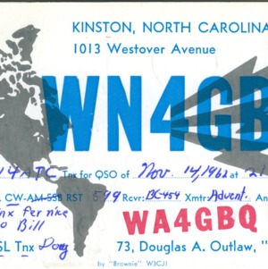 QSL Card from WN4GBQ, Kinston, N.C., to W4ATC, NC State Student Amateur Radio