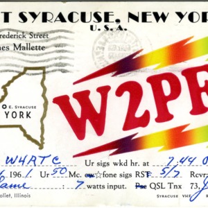 QSL Card from W2PFD, East Syracuse, N.Y., to W4ATC, NC State Student Amateur Radio