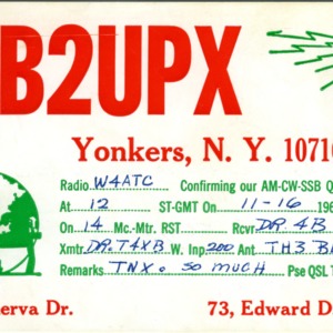 QSL Card from WB2UPX, Yonkers, N.Y., to W4ATC, NC State Student Amateur Radio