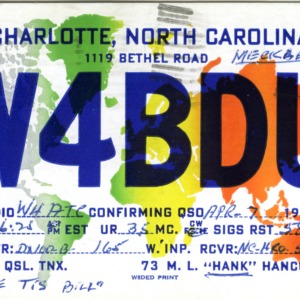 QSL Card from W4BDU, Charlotte, N.C., to W4ATC, NC State Student Amateur Radio