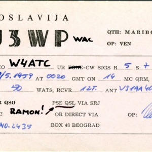 QSL Card from YU3WP, Beograd, Yugoslavia, to W4ATC, NC State Student Amateur Radio