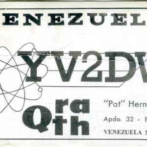 QSL Card from YV2DW, Barinas, Venezuela, to W4ATC, NC State Student Amateur Radio